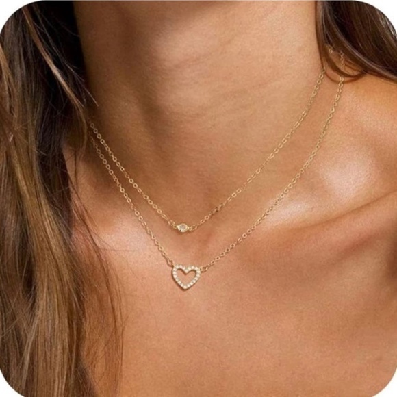 GOLD 14k Gold Plated Two Piece CZ Heart Layered Necklace Set - Picture 1 of 3